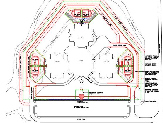 Image: sketch of prison with three living units on the left, right and top of the page; on the outside of each living unit, new exercise yards are sketched in red, each with a track and basketball court.