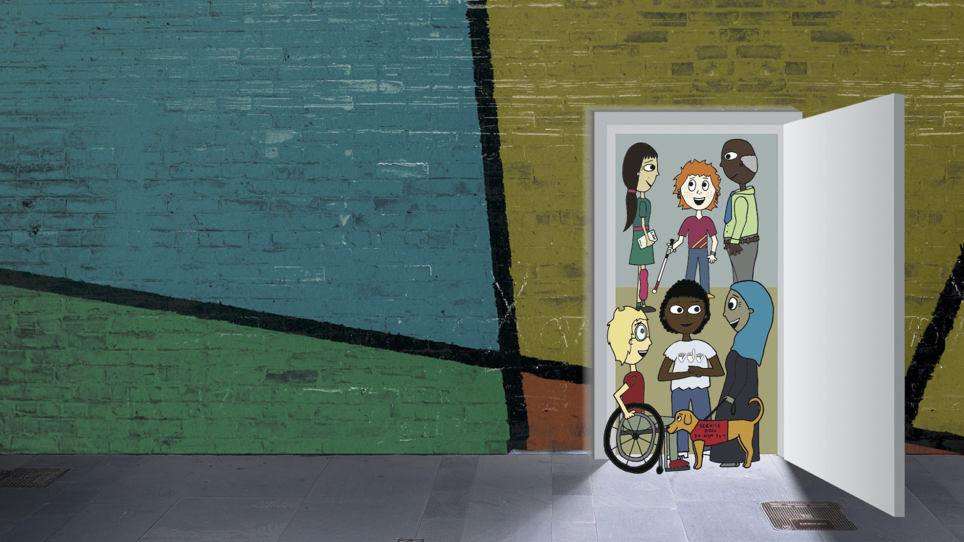 Cover image for the Accessibility Project. A multicolored wall has a door on the right which is open. Through the door you can see a collection of people of different races, ages, and abilities.