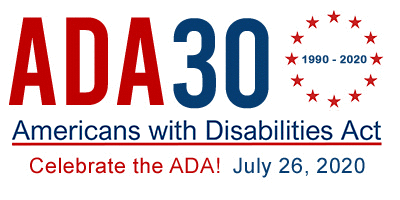 ADA 30th anniversary logo. ADA is in red caps and 30 is in blue next to it. The dates 1990-2020 are surrounded by red stars in a circle. Celebrate the ADA! is written