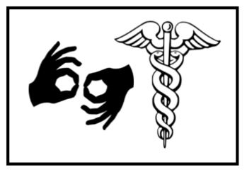 Two icons: the ASL sign for "interpreter" and the caduceus, the symbol for the medical profession. 
